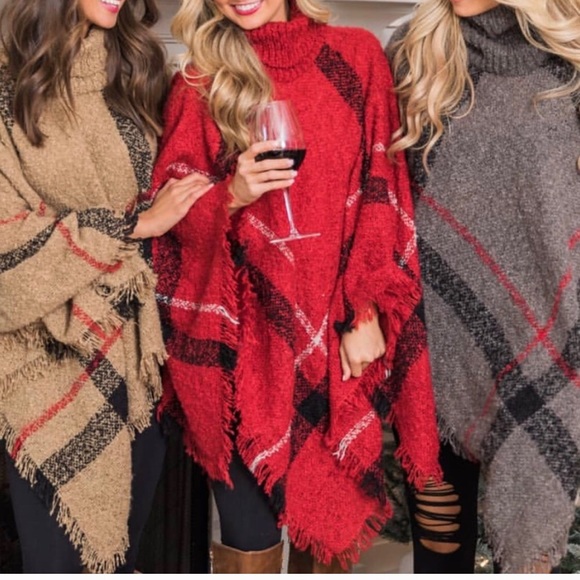 New! Gray plaid soft turtleneck poncho - Picture 4 of 7